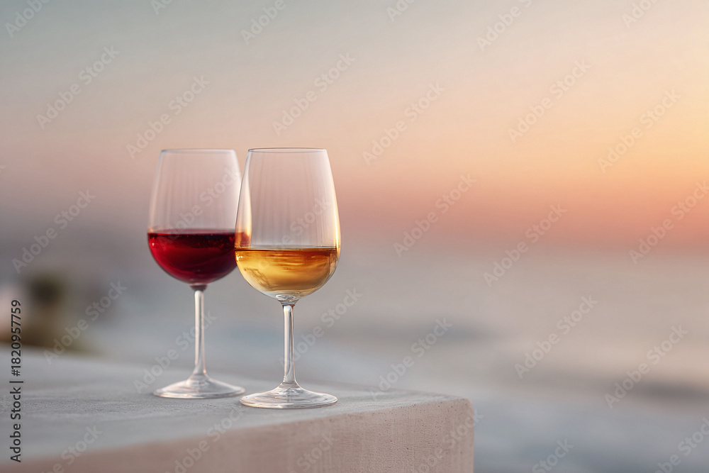 Obraz premium Two elegant wine glasses, one red, one white, stand against a soft sunset backdrop. Evokes romance, celebration, relaxation. Ideal for travel, food, or lifestyle content.