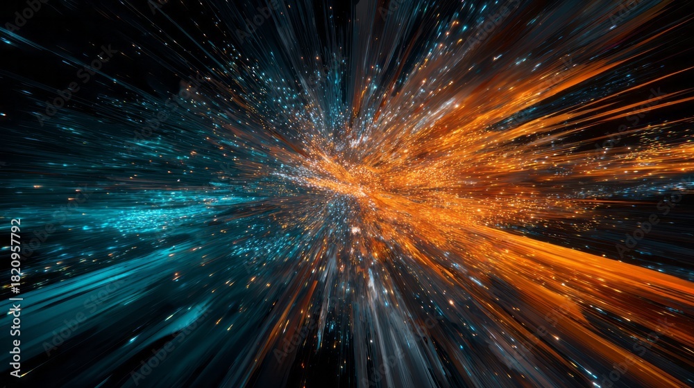 Fototapeta premium Vibrant energy streams erupt outward from a central point against a dark background