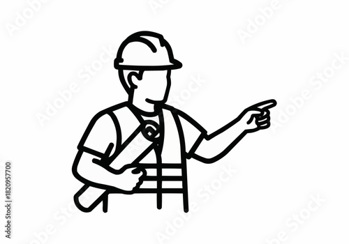 Outline drawing of a construction worker pointing with a hard hat on head