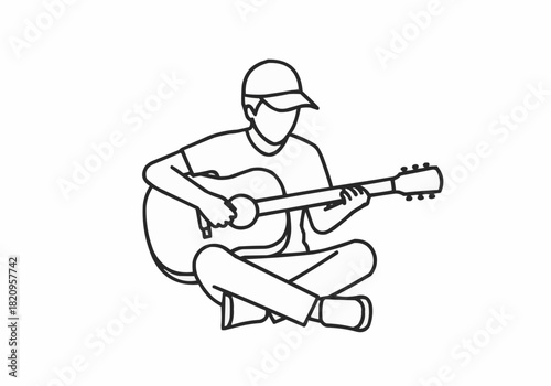 Line drawing of a man with a cap playing guitar while sitting down cross legged