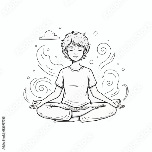 Illustration of a person in lotus position meditating with cloud swirls