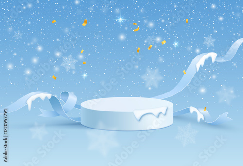 Elegant white round winter podium with fluttering blue silk ribbons against a light blue background with gold confetti and snowflakes. The platform is decorated with graceful floating streamers
