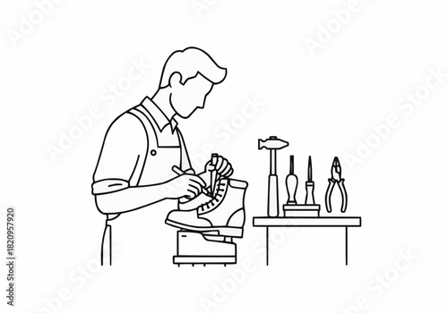 Man repairing a boot with tools on a table in a line art illustration