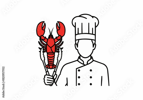 Chef holding a lobster with tongs in a black and red line drawing style