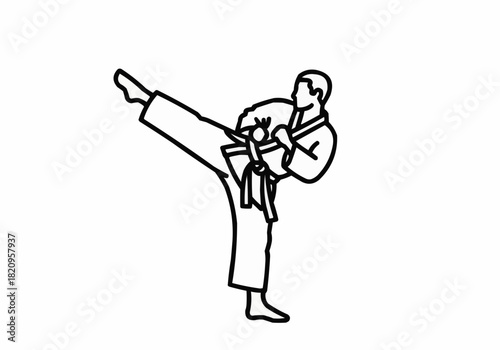 Outline drawing of a man performing a martial arts high kick pose stance