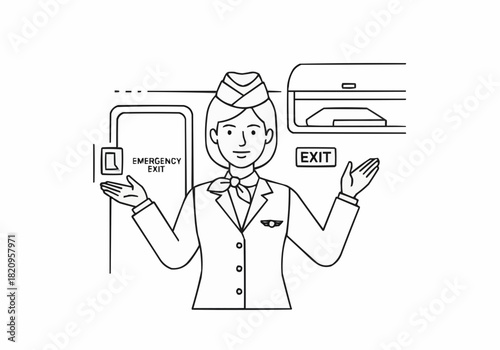 Flight attendant demonstrating emergency exit procedures on airplane door