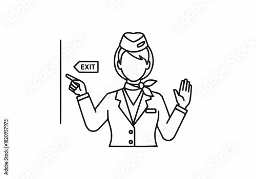 Outline illustration of a stewardess pointing to the exit sign on wall