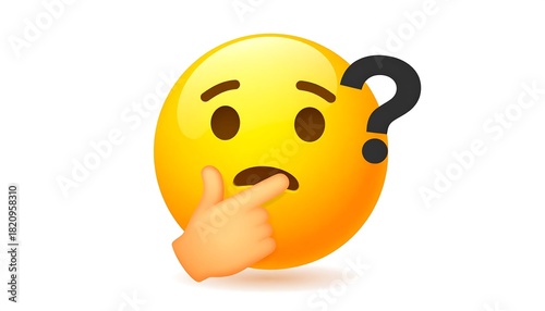 A worried, glossy, yellow emoji with a question mark and a hand touching its mouth on a white background