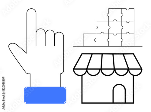 Business concept. Business symbols for problem solving, teamwork, and entrepreneurship. Business displayed with a hand gesture, puzzle pieces, and a storefront outline. For commerce, startups