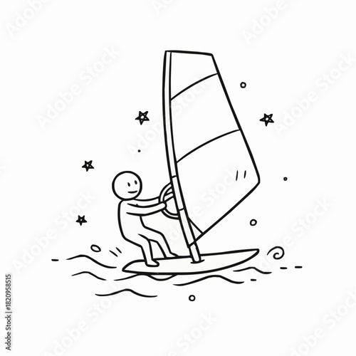 Stick figure windsurfing on water with stars and circles surrounding