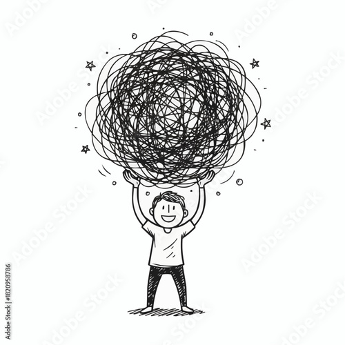 Cartoon man holding a large scribble ball above his head with stars around