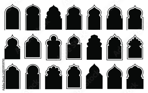Collection of silhouetted islamic architectural archways and doorways