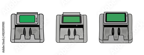 Three cash counting machines with green screens, side by side, on a white background.