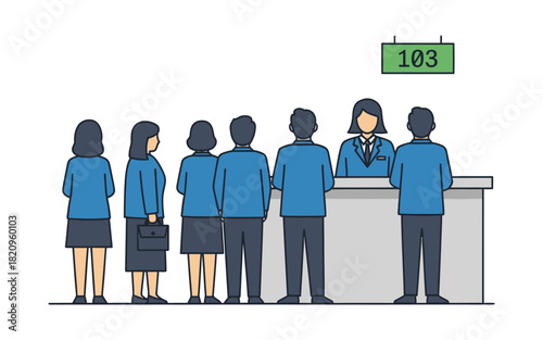 A queue of people waiting at a counter with a digital display showing the number 103.