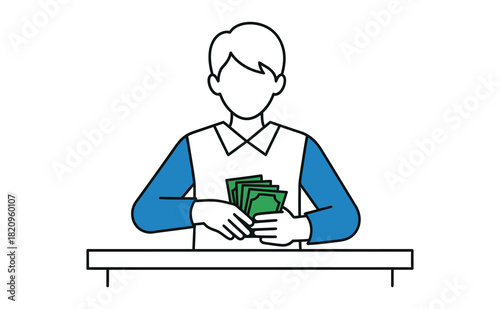 A simple illustration of a person sitting at a table and counting a stack of green banknotes.