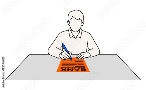 Illustration of a person sitting at a desk, writing on an orange bank document with a pen, representing financial tasks.