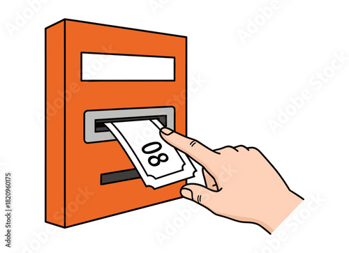 A hand inserts a ticket with the number 08 into an orange vending machine slot.