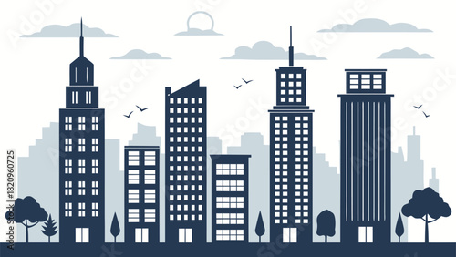 Modern city skyline silhouette with soaring buildings and serene sky design, perfect for architecture firms or urban planning presentations needing a clean look