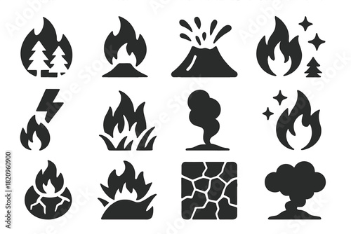 Fire and Nature Icons. Solid style icons of Fire and nature: wildfire, volcanic flame, lava burst, forest fire, lightning strike
