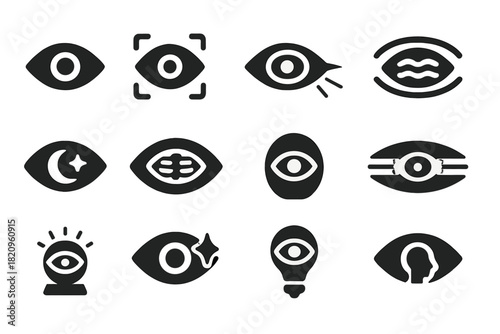 Vision Icon Set. Solid style icons of Vision: vision symbol, focus eye, sharp sight, blurry sight, night vision, x-ray vision,