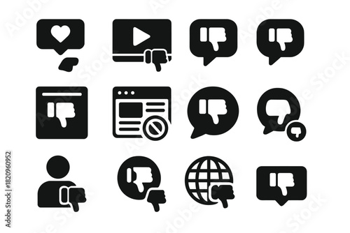 Solid Dislike Icons. Solid style icons of Dislike: social media dislike, video dislike, comment dislike, post thumbs down, blog
