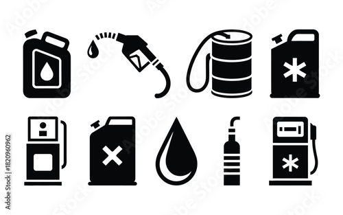 Set of fuel and gas station icons in black and white