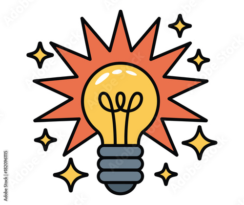 A bright yellow lightbulb bursts with inspiration and new ideas, surrounded by twinkling stars and an energetic orange sunburst.