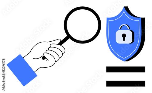 Hand holding magnifying glass, analyzing shield with lock represents cybersecurity, data protection, research, investigation, auditing, privacy, and online security. Ideal for simple flat metaphor