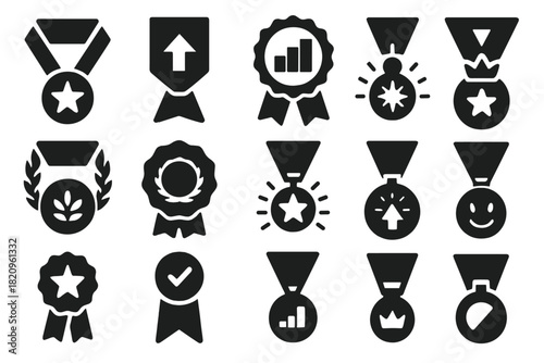 Achievement Medal Icons. Solid style icons of Achievement medals: rising star medal, upward arrow badge, progress ribbon,