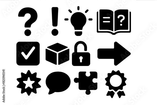 Answer Icons Collection. Solid style icons of Answer symbols: question mark, exclamation point, lightbulb idea, book answer,