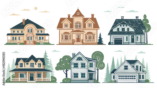 Charming array of diverse house styles perfect for real estate marketing, home design inspiration, or neighborhood planning showcasing architectural variety