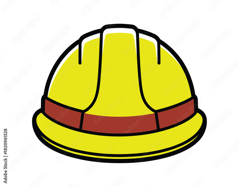 Fototapeta premium A bright yellow hard hat with a red band is depicted against a white background, representing construction safety and occupational protection.