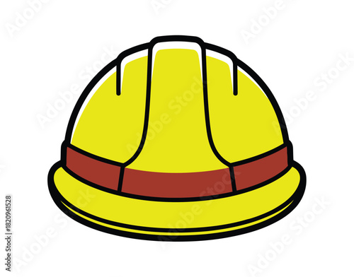 A bright yellow hard hat with a red band is depicted against a white background, representing construction safety and occupational protection.