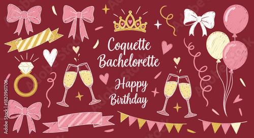 Festive bachelorette party illustration with champagne flutes, balloons, bows, and a crown on a red background.
