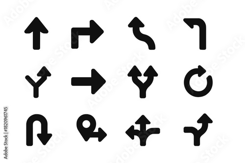 Solid Direction Icons. Solid style icons of direction indicators: up arrow, right arrow, route curve, turn left icon, direction