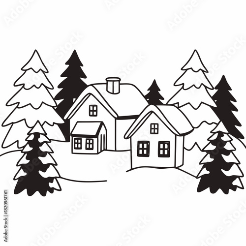 Snowy Cabin and Trees Line Art Illustration