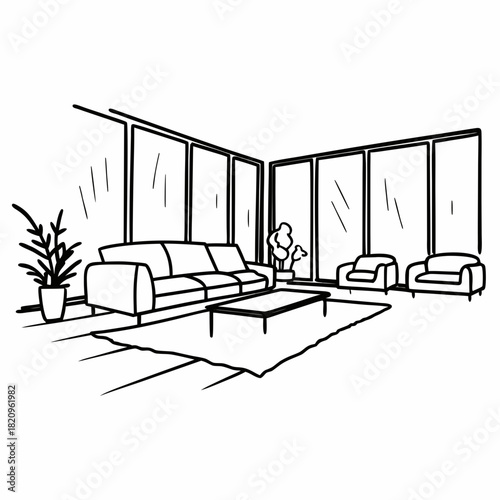 Spacious Living Room with Large Windows Line Art