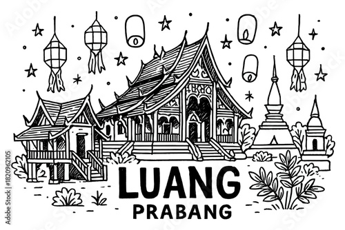 Drawing of a city with a building that says Luang Prabang