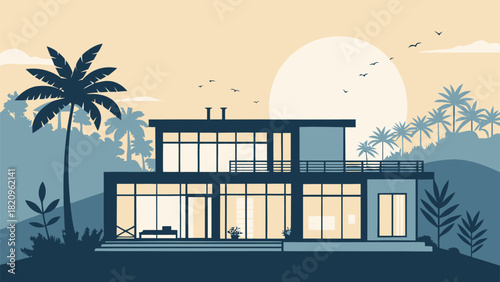 Stunning modern home with palm trees evokes tropical luxury lifestyle, perfect for real estate marketing and vacation rentals, serene architecture design