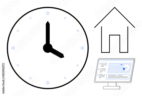 Clock, simple computer screen with charts, and house outline illustrating remote work, productivity, scheduling, balance, time tracking, focus and organization. Clean flat metaphor
