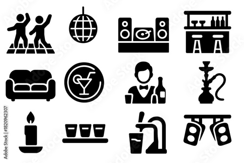 Nightlife Icon Set. Solid style icons of Nightlife bar: dance floor, disco ball, DJ booth, bar counter, lounge sofa, neon cocktail