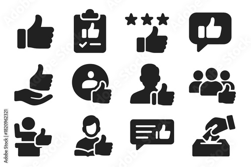 Feedback Icons Collection. Solid style icons of Feedback: customer thumbs up, survey approval, rating stars with thumb, review
