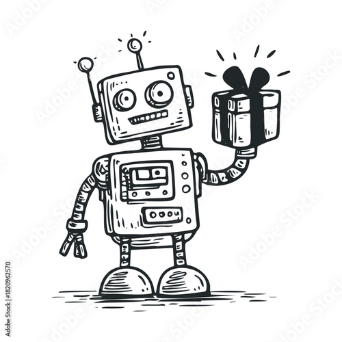 Sketch of a retro robot holding a present with a sparkling bow.