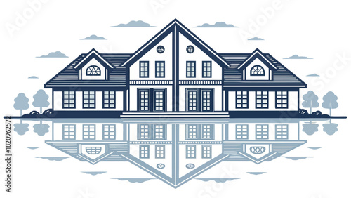 Stunning architectural rendering of a modern home with its mirrored reflection, perfect for real estate, design, and home improvement marketing campaigns