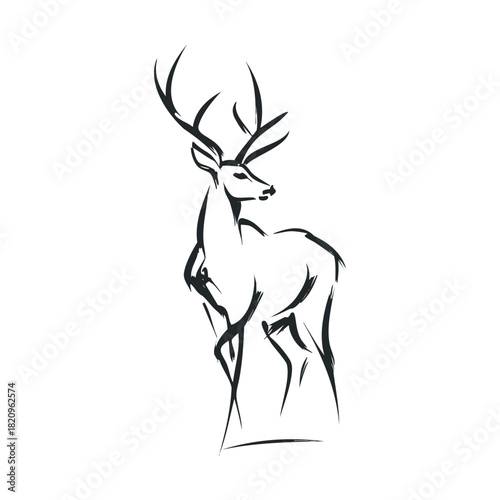 Brush stroke line drawing of a majestic deer with large antlers.