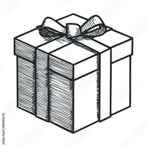 Isometric sketch of a gift box wrapped with a bow.