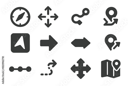 Navigation Control Icons. Solid style icons of navigation controls: compass icon, arrow directions, navigation bar, route path