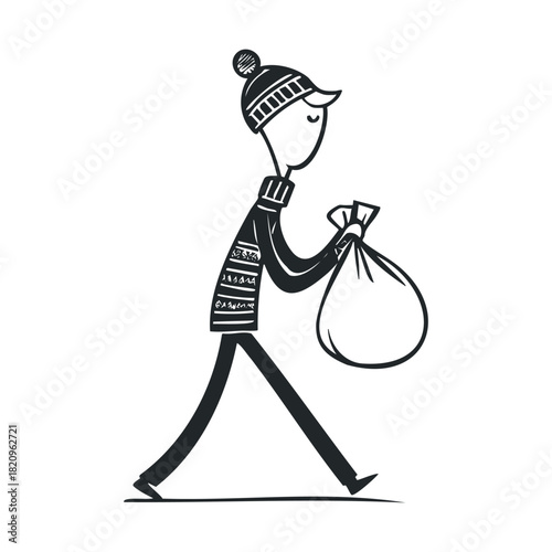 Simple doodle of a person walking, carrying a sack.