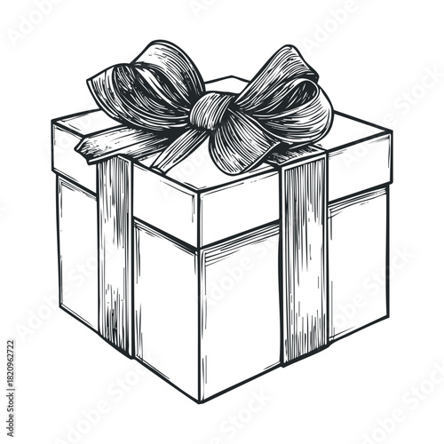 Detailed sketch of a present box wrapped with a large bow.