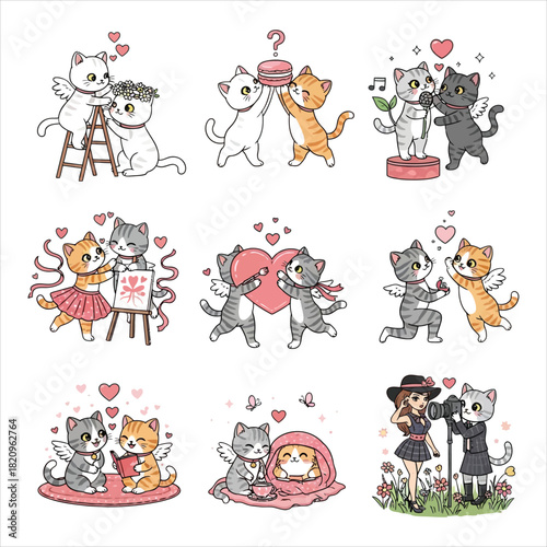Cute cartoon cats in various love scenes